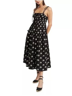 En Saison Black Floral Smocked Midi Dress with Tie Straps